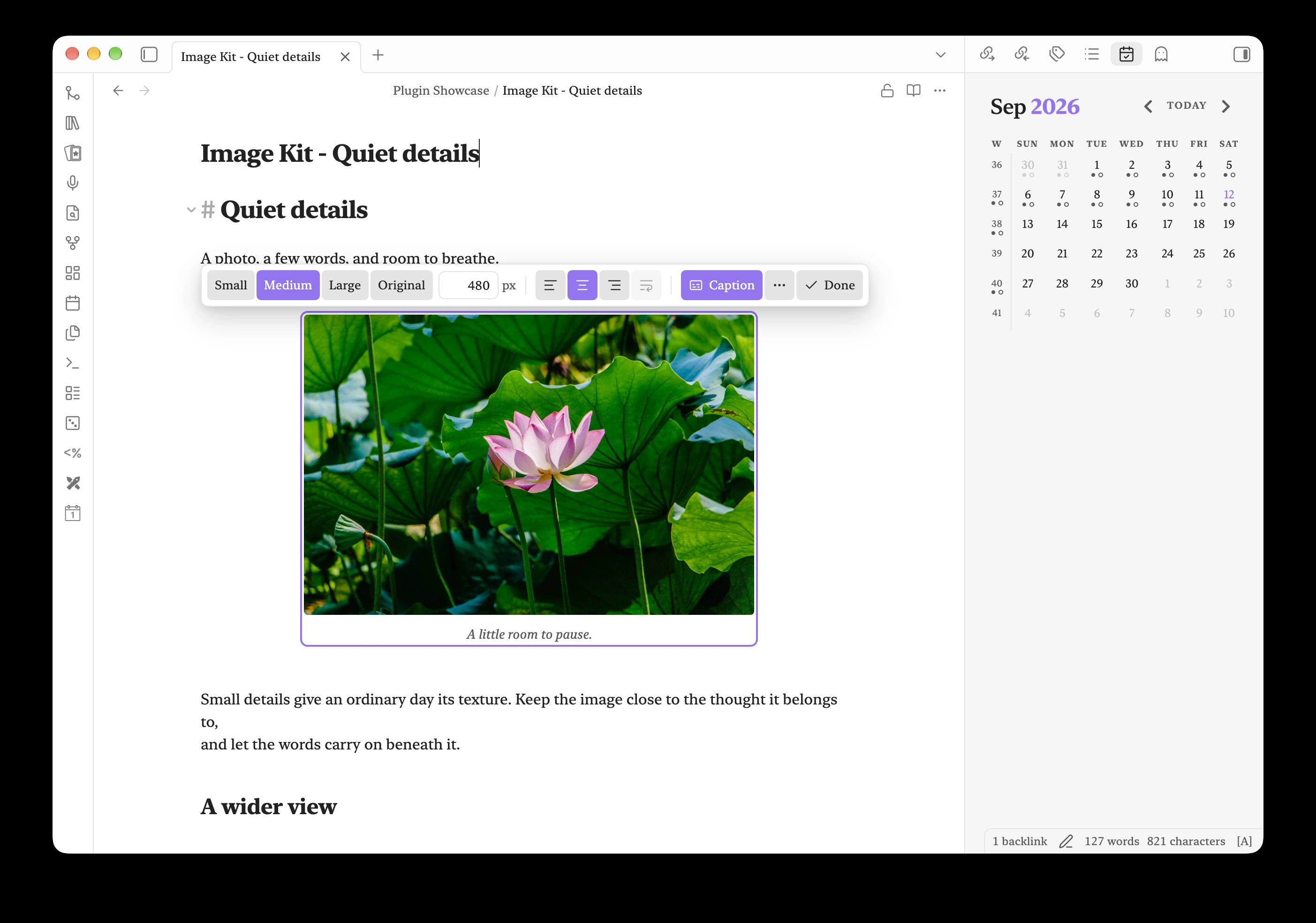 Image Kit desktop layout with size presets, alignment and caption controls above a centered lotus image.