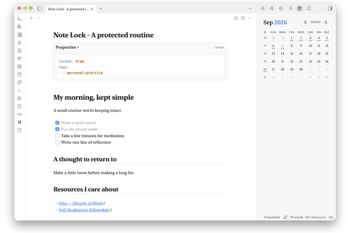 Page Lock: a locked Obsidian note with a checklist, marked locked: true in its properties.