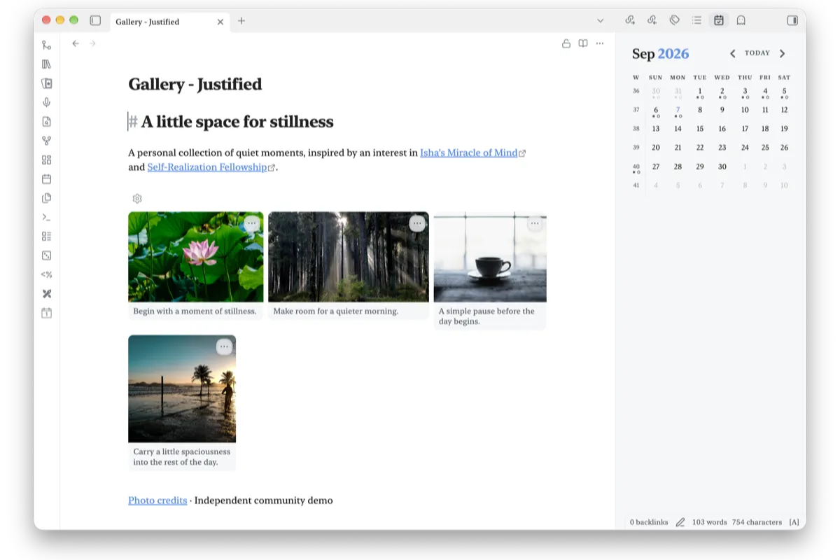 Simple Gallery: four captioned photos laid out as a justified gallery inside an Obsidian note.