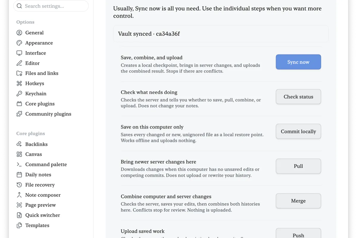 Vault Git Sync: the plugin’s settings page with Sync now, Check status, Commit locally, Pull, Merge, and Push actions.